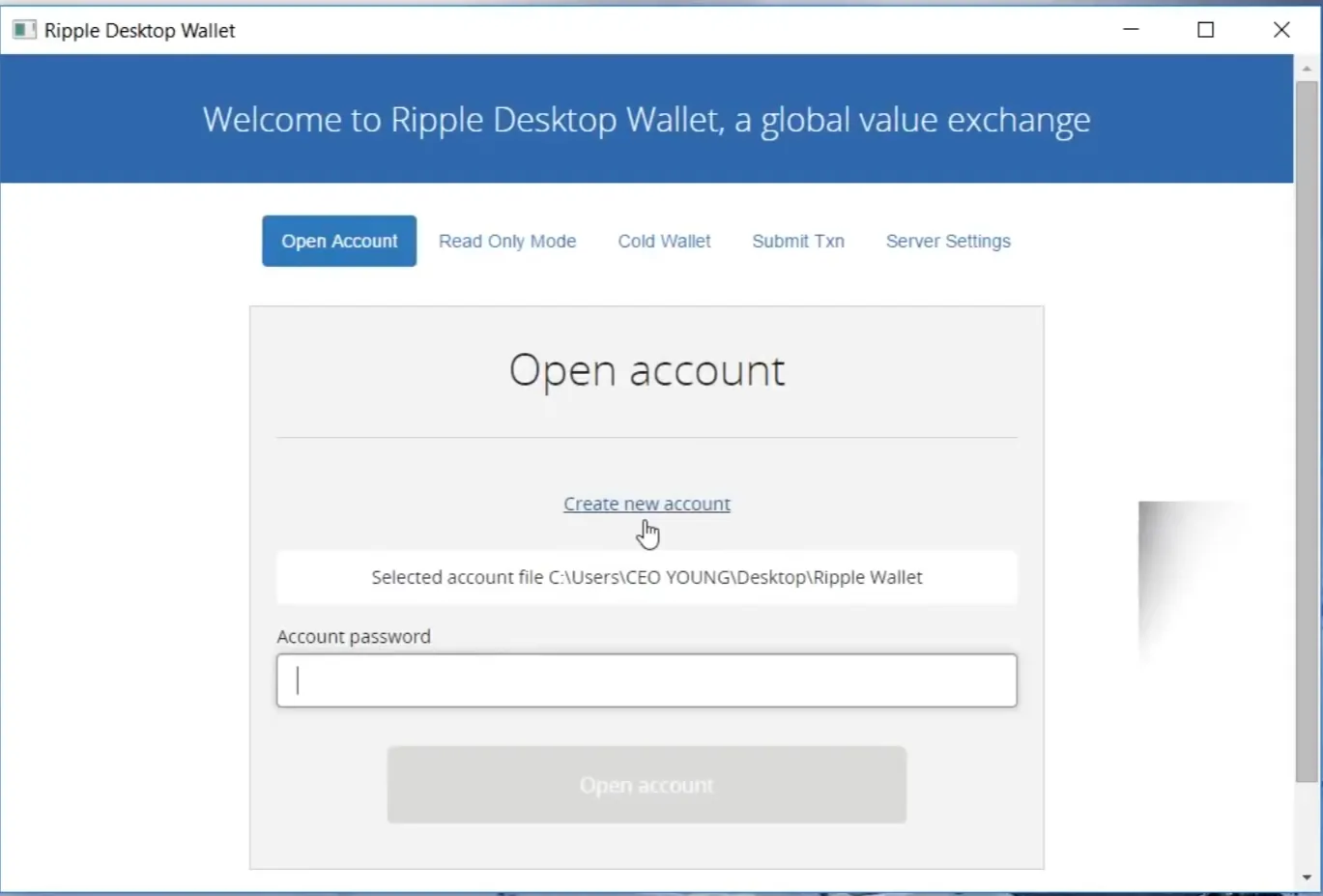 Open account screen with tabs for read only mode, cold wallet, submit transaction and server settings