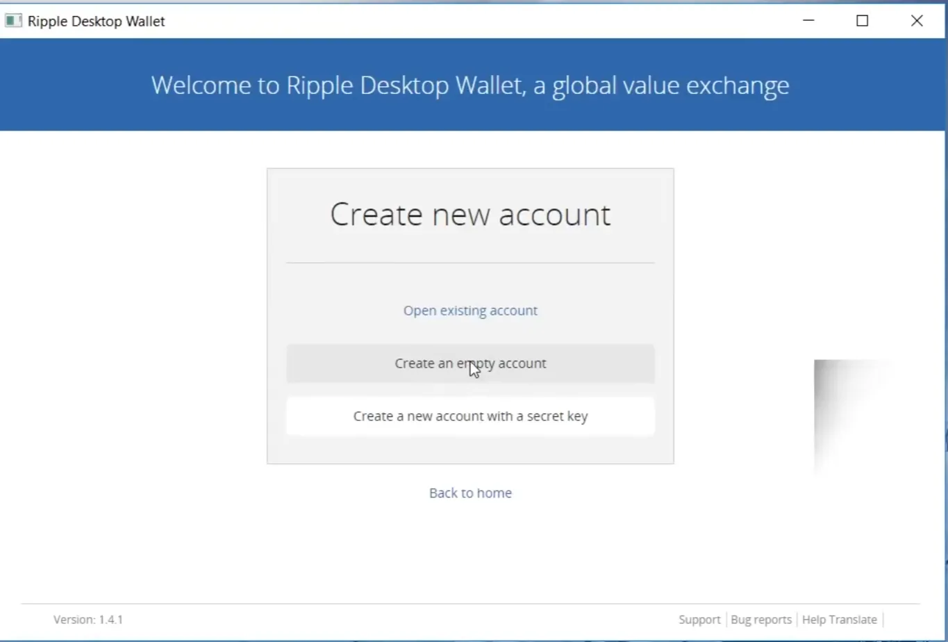 Create new account screen offering an empty account or a new account from a secret key