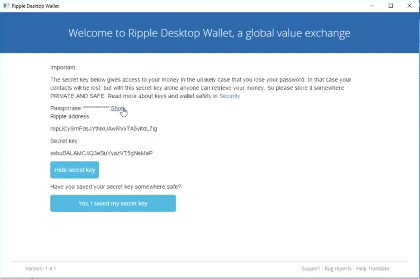 Screen displaying the ripple address and the secret key with a confirmation button