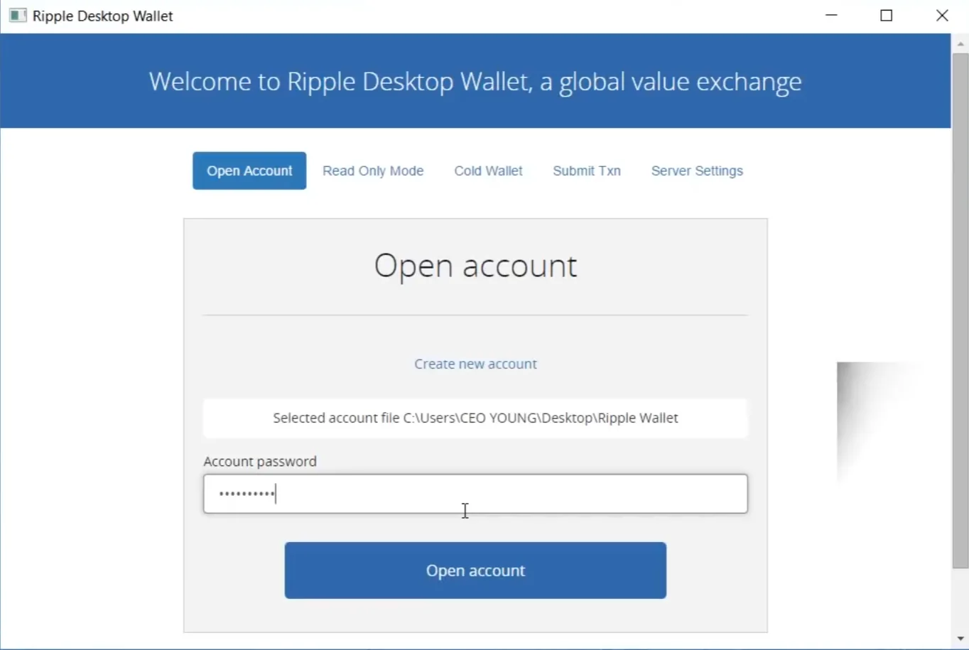Open account screen with the selected account file and the password entered