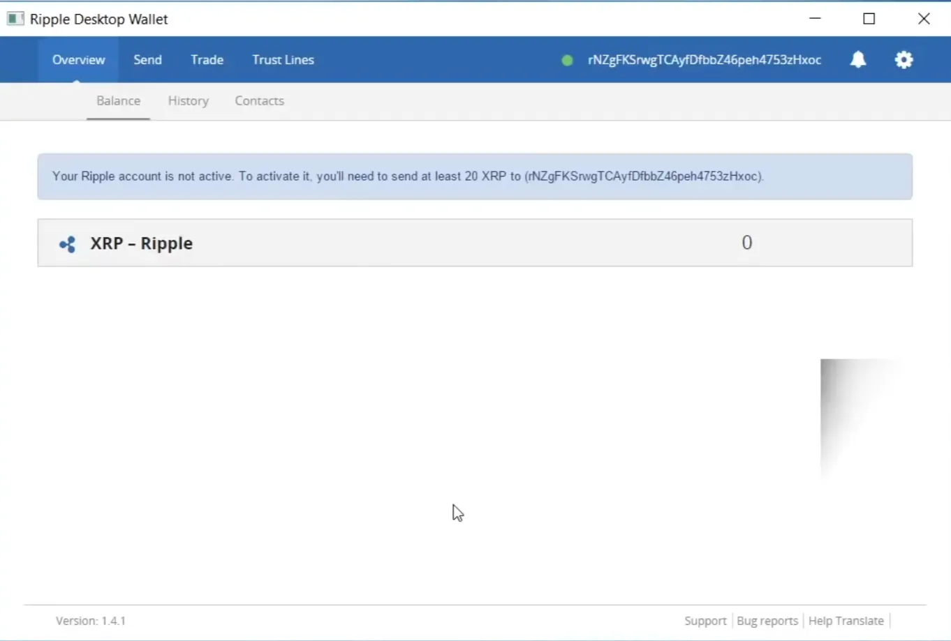 Wallet overview showing an inactive account with a zero XRP balance and the activation notice